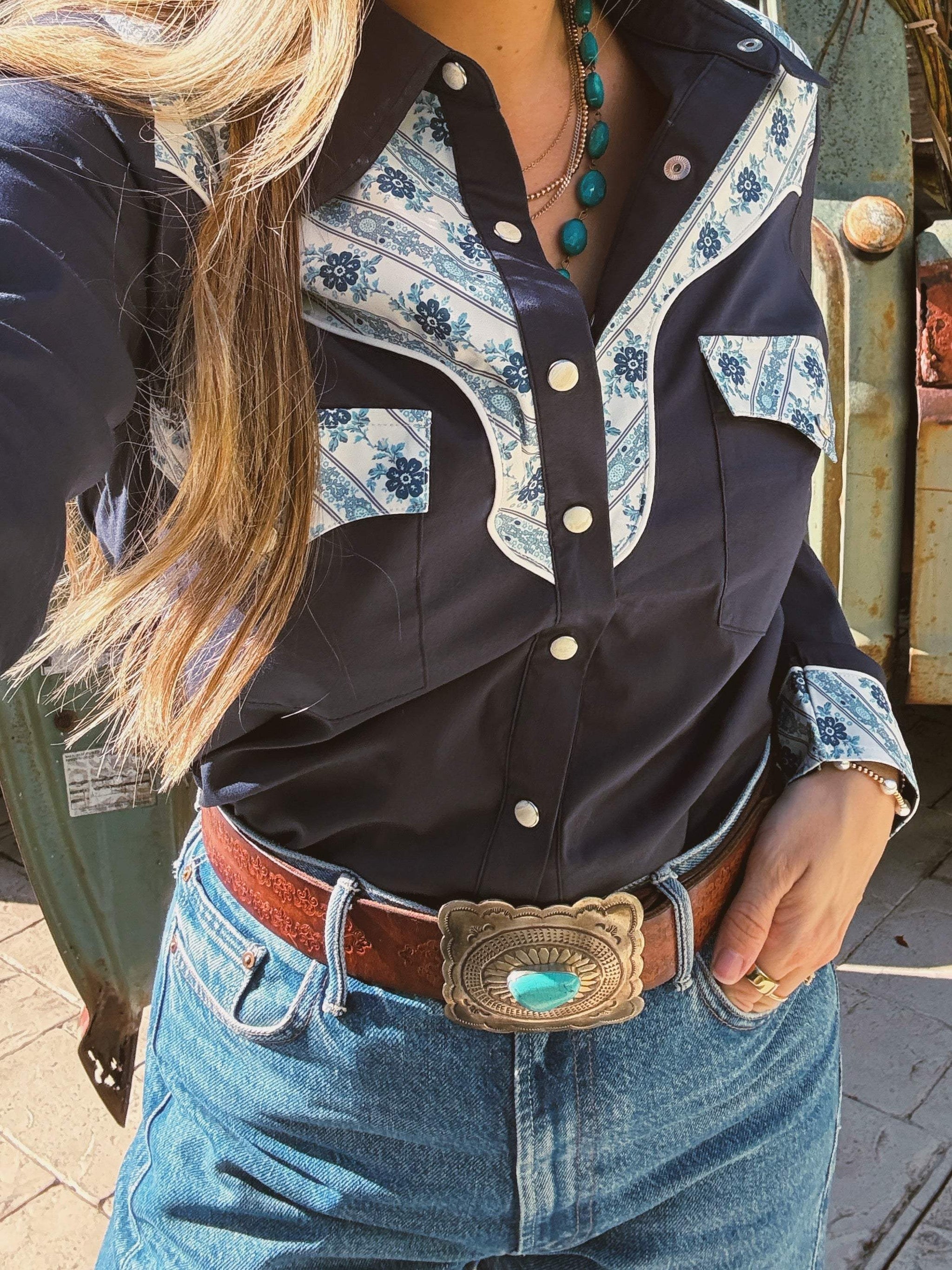 John Wayne Western Pearl Snap Button Up Top In Denim Blue - Lil Bee's Bohemian - Flyclothing LLC