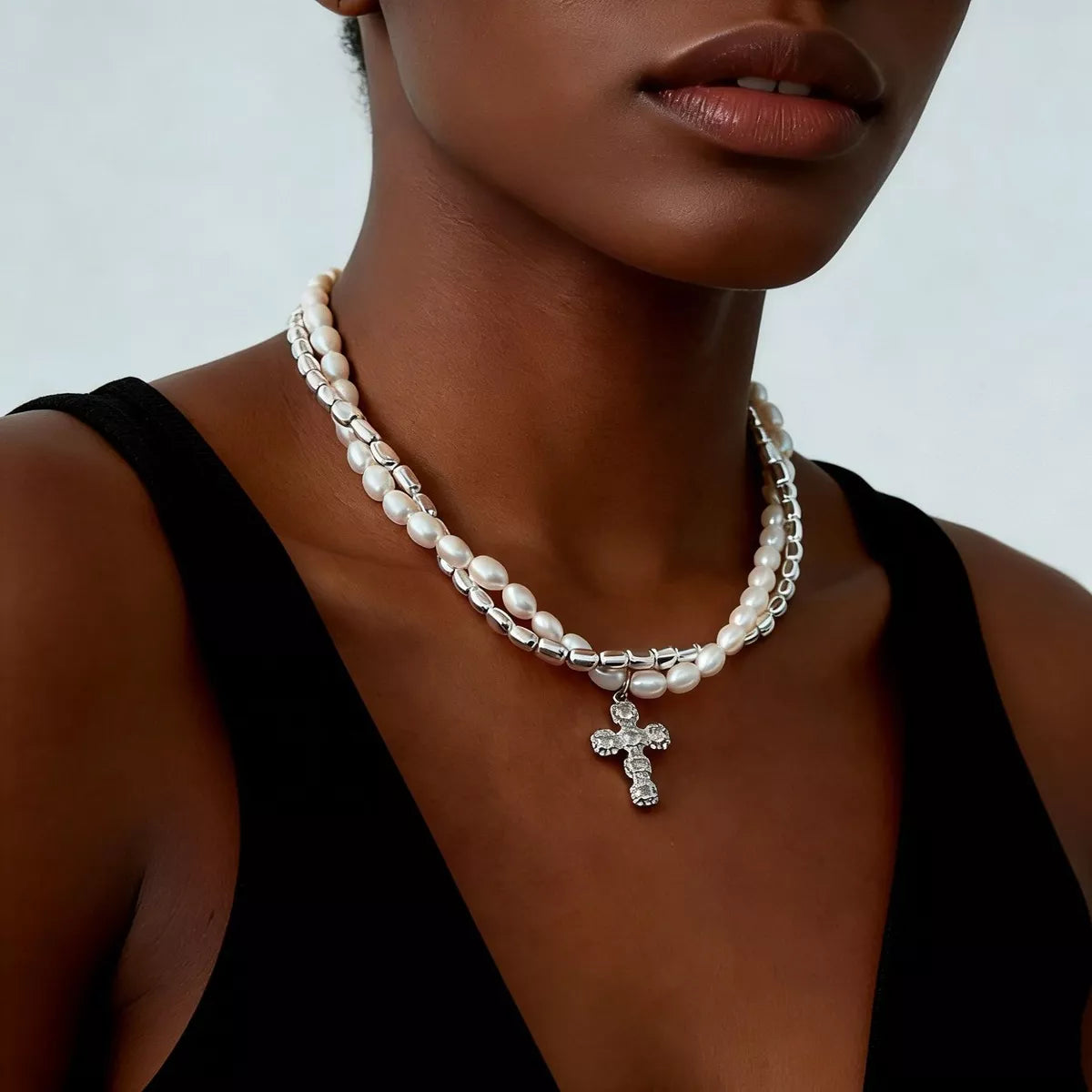 Elegant Pearl Alloy Necklace with Rhinestone Cross Pendant - Trendsi - Flyclothing LLC