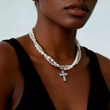Elegant Pearl Alloy Necklace with Rhinestone Cross Pendant - Trendsi - Flyclothing LLC
