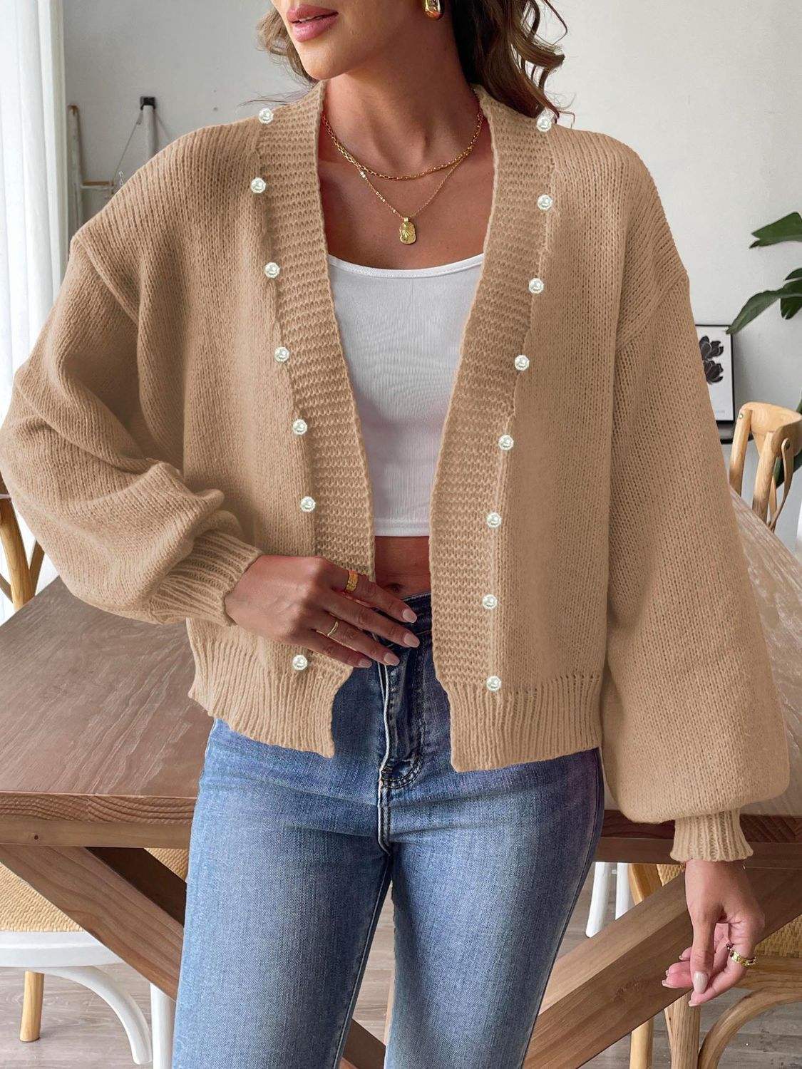 Pearl Open Front Long Sleeve Cardigan - Trendsi - Flyclothing LLC