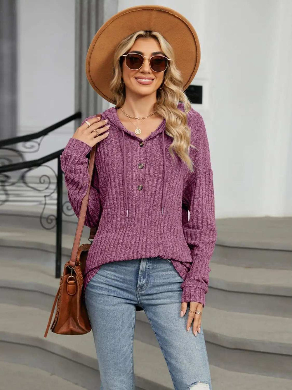 Half Button Long Sleeve Hooded Top - Trendsi - Flyclothing LLC