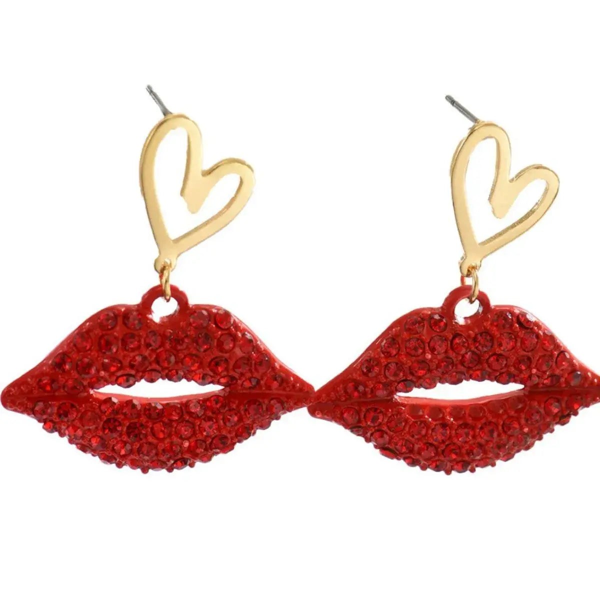 18K Gold-Plated Rhinestone Lips Heart Dangle Earrings - Trendsi - Flyclothing LLC