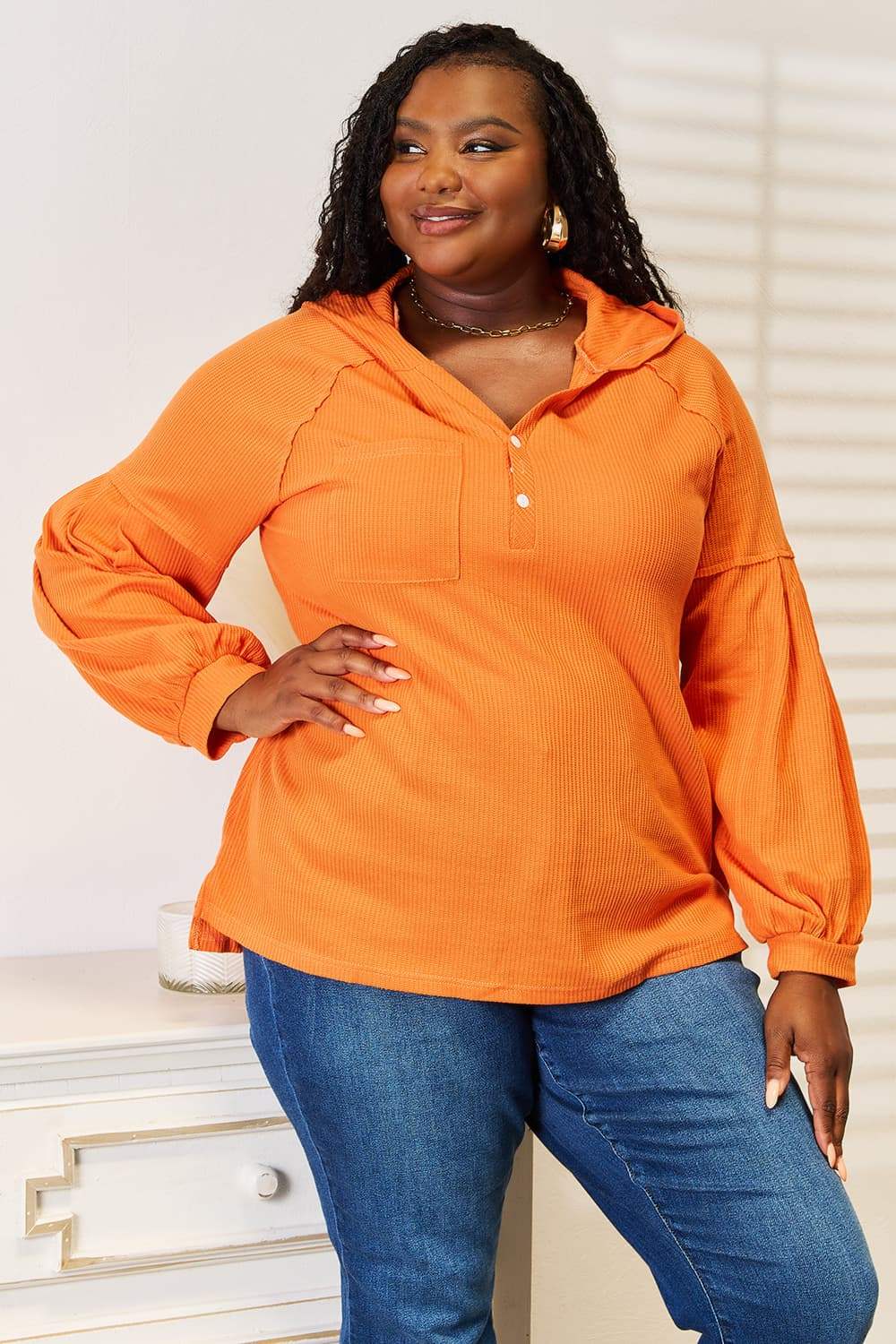 Basic Bae Side Slit Buttoned Waffle Knit Hoodie - ShopBasicbae - Flyclothing LLC