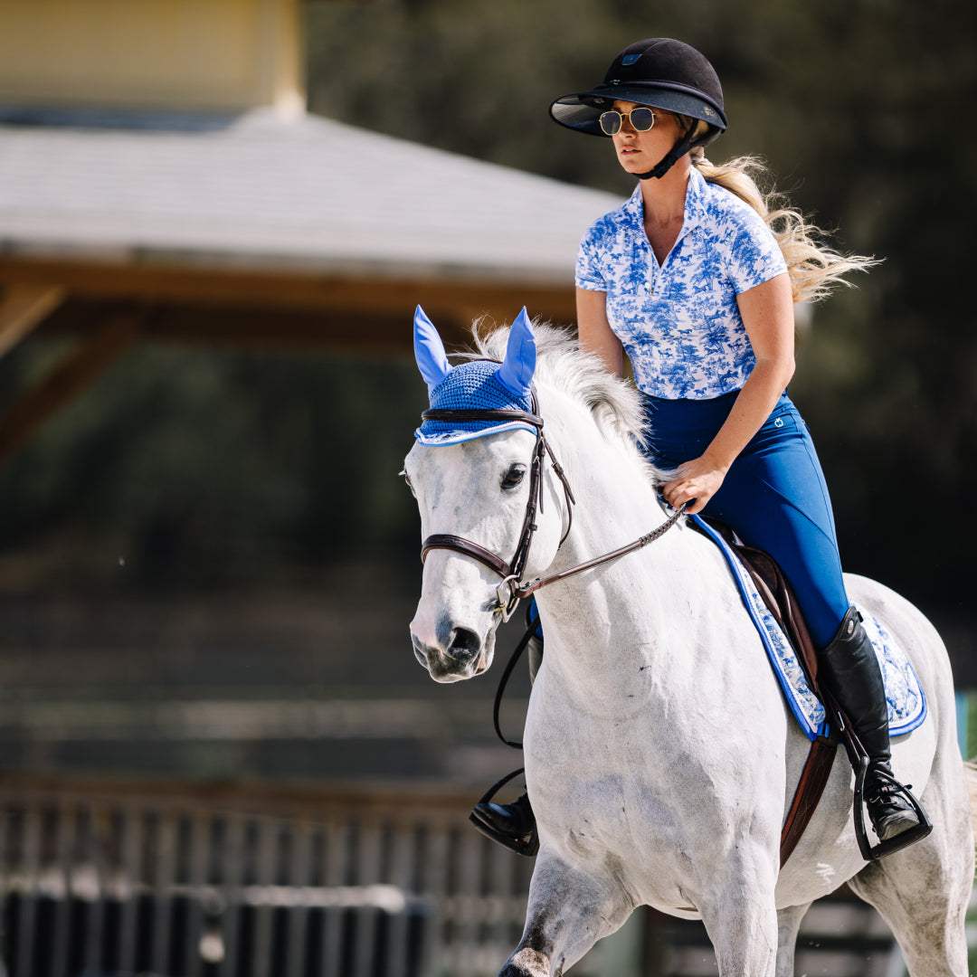 Dapplebay Equestrian Toile 1/4 Zip Light Riding Top - Short Sleeve-Blue/White - Breeches.com - Flyclothing LLC