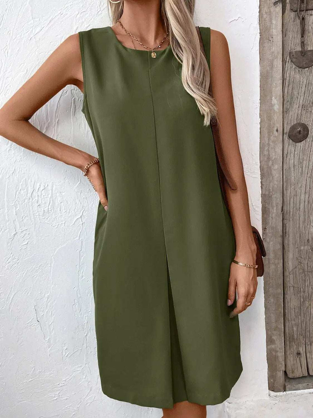 Pocketed Round Neck Sleeveless Mini Dress - Trendsi - Flyclothing LLC