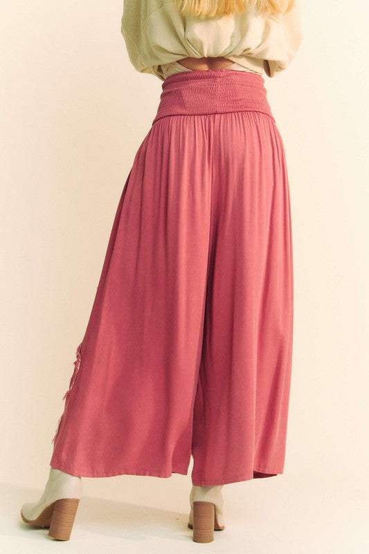 Davi & Dani Smocked Waist Flower Patch Wide Leg Pants - Trendsi - Flyclothing LLC