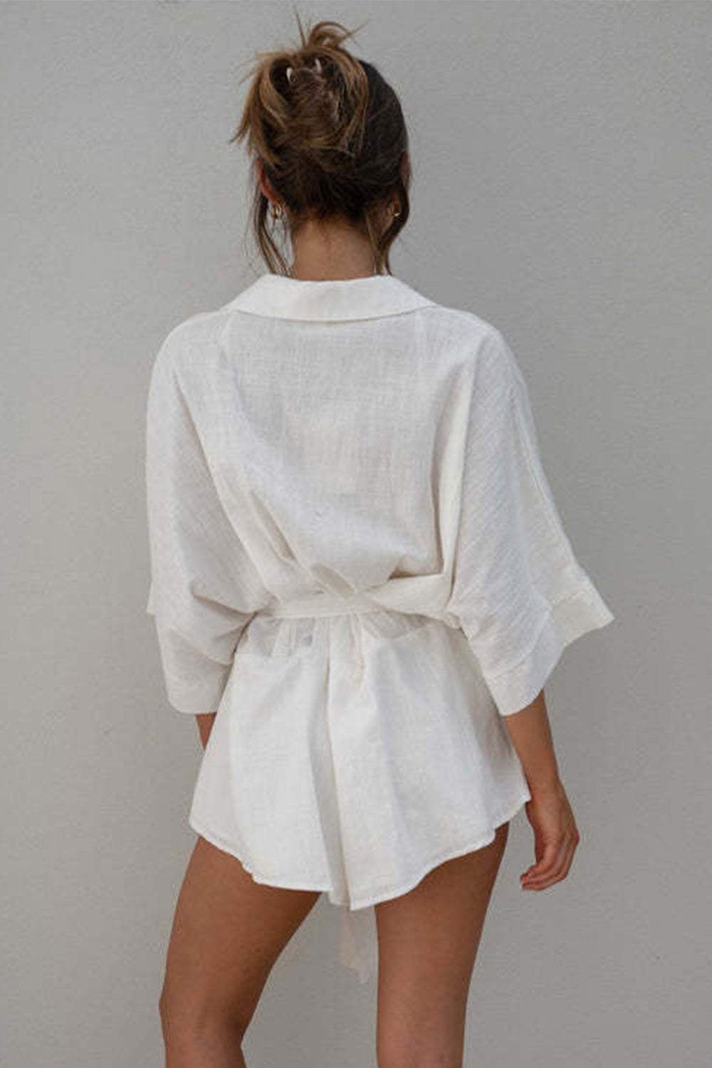 Tied Button Up Collared Neck Romper - Trendsi - Flyclothing LLC
