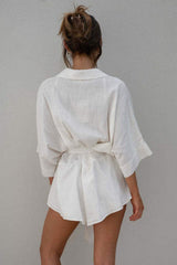 Tied Button Up Collared Neck Romper - Trendsi - Flyclothing LLC