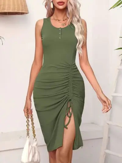 Ruched Drawstring Slit Tank Dress - Trendsi - Flyclothing LLC