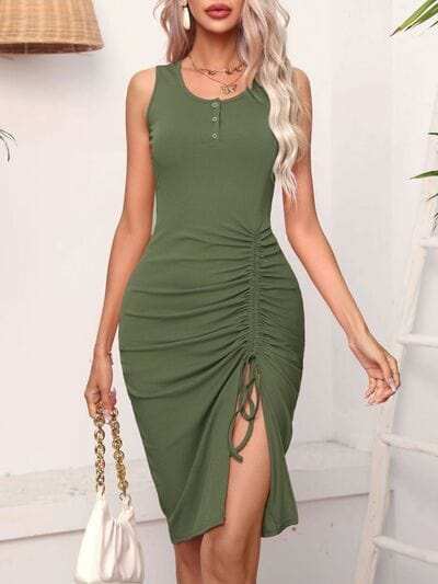 Ruched Drawstring Slit Tank Dress - Trendsi - Flyclothing LLC
