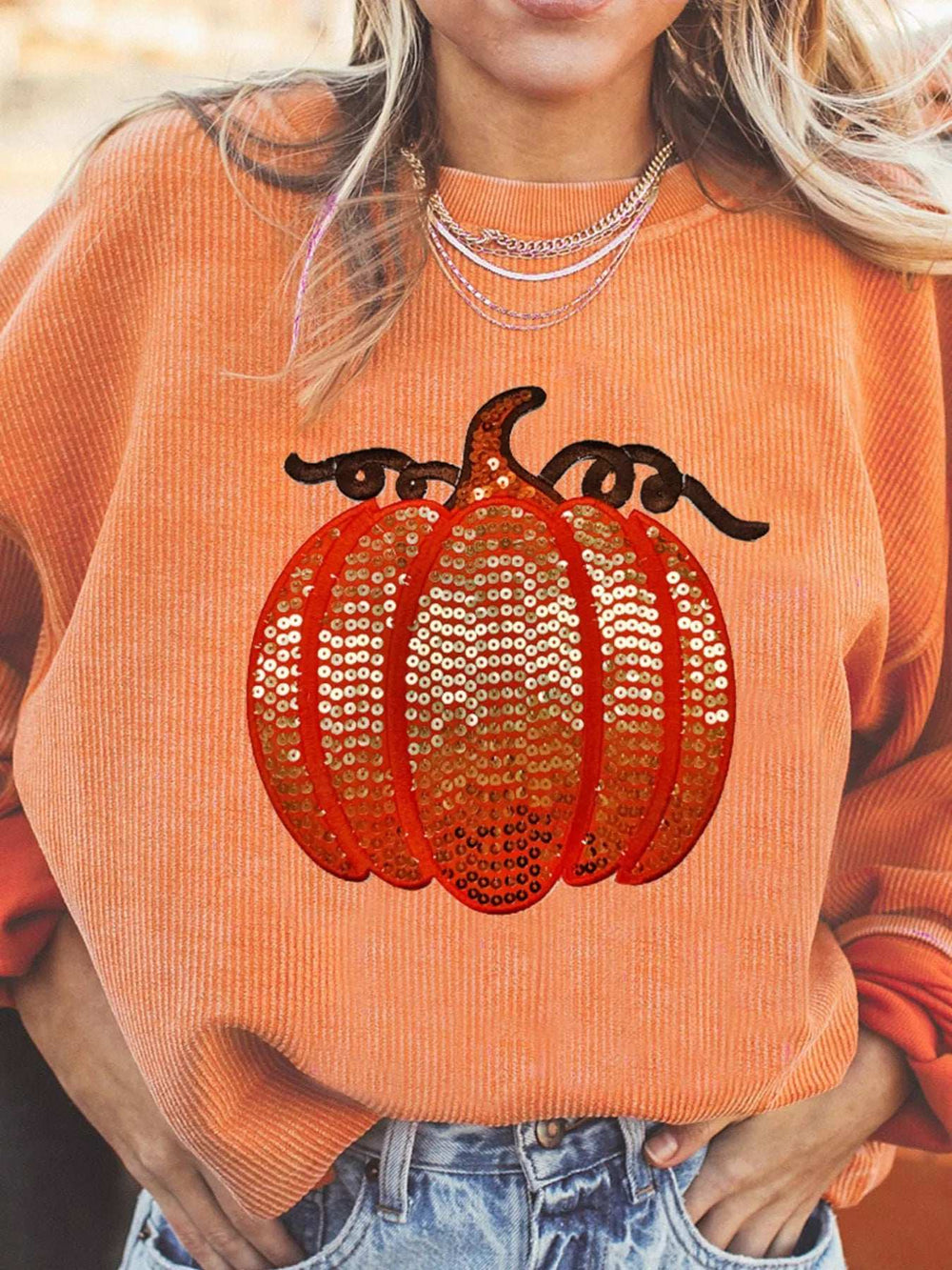 Halloween Sequined Pumpkin Ribbed Round Neck Sweatshirt - Trendsi - Flyclothing LLC