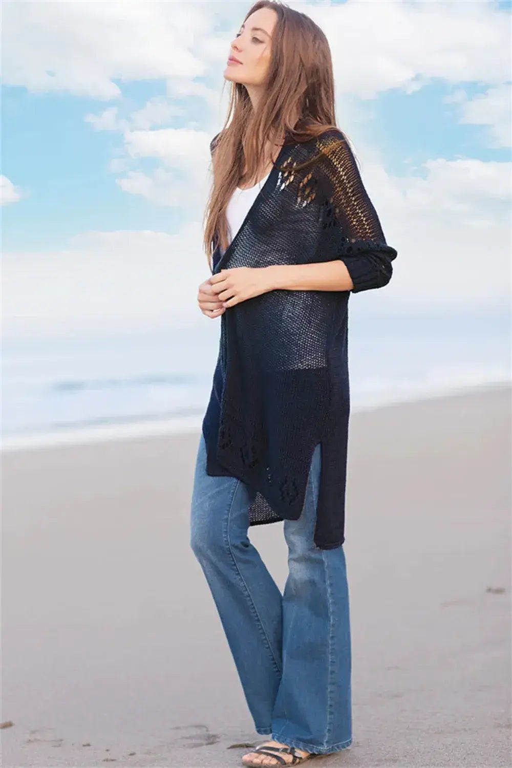 Openwork Side Slit Open Front Long Sleeve Cardigan - Trendsi - Flyclothing LLC