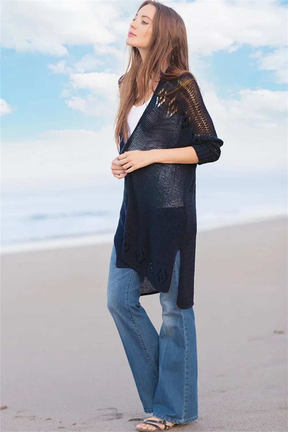 Openwork Side Slit Open Front Long Sleeve Cardigan - Trendsi - Flyclothing LLC