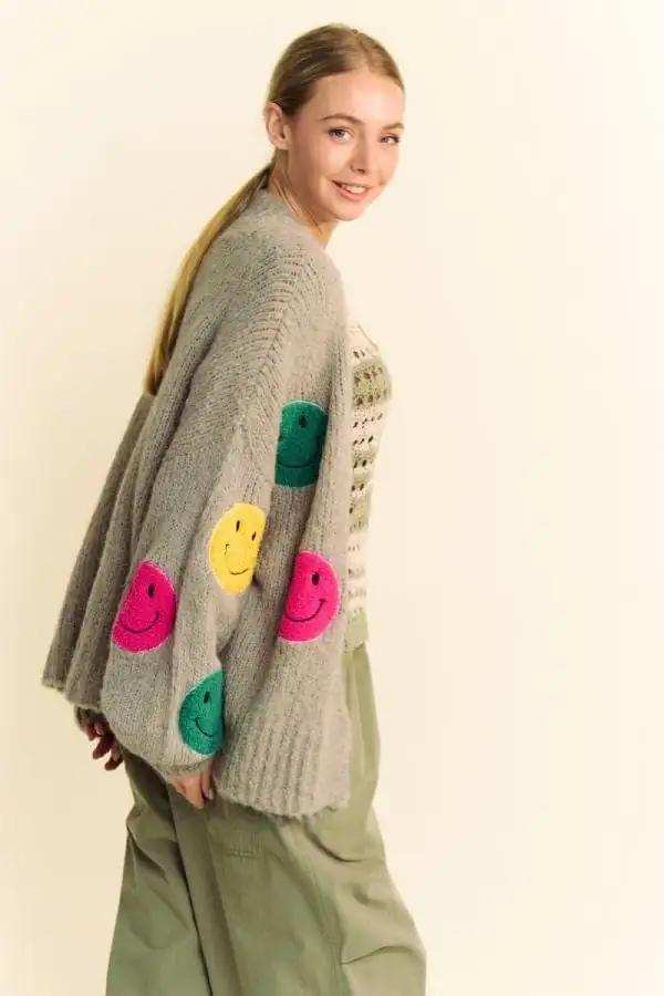 Davi & Dani Fuzzy Smile Open Front Long Sleeve Cardigan - Trendsi - Flyclothing LLC