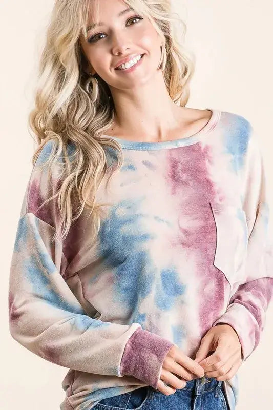 BiBi Tie Dye Print Terry Top With Front Patch Pocket - Trendsi - Flyclothing LLC