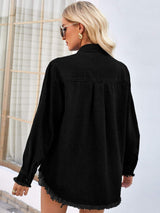 Raw Hem Button Up Long Sleeve Denim Jacket with Sequin Pockets - Trendsi - Flyclothing LLC