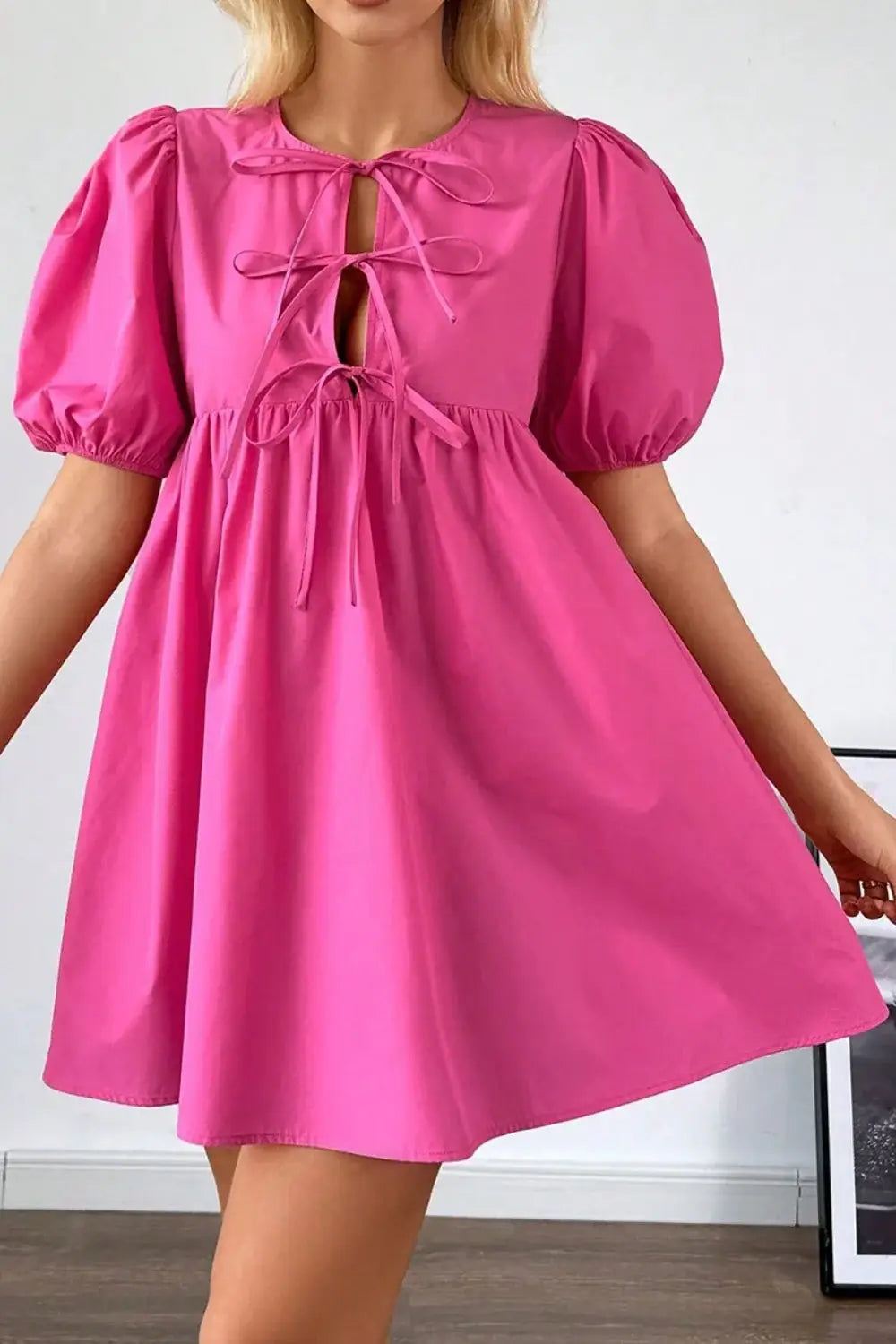 Puff Sleeve Tie Front High Waist Mini Dress - Trendsi - Flyclothing LLC