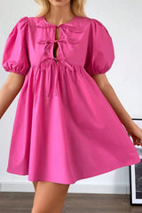Puff Sleeve Tie Front High Waist Mini Dress - Trendsi - Flyclothing LLC