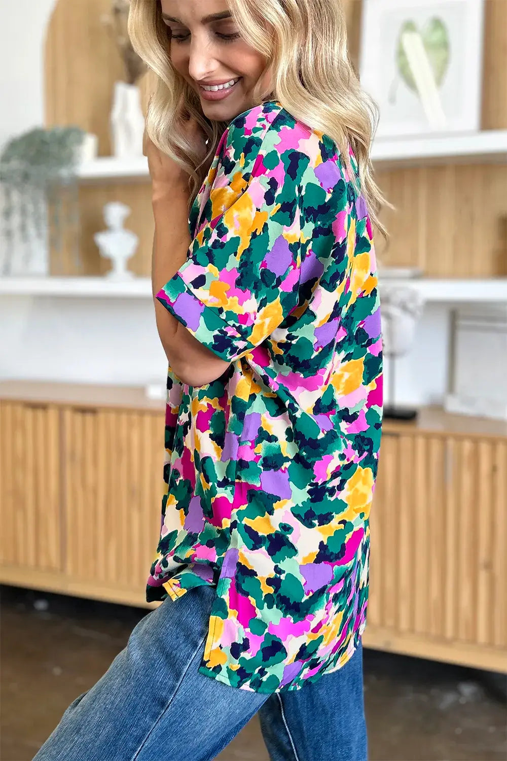 Double Take Full Size Printed V-Neck Short Sleeve Side Slit Top - Trendsi - Flyclothing LLC