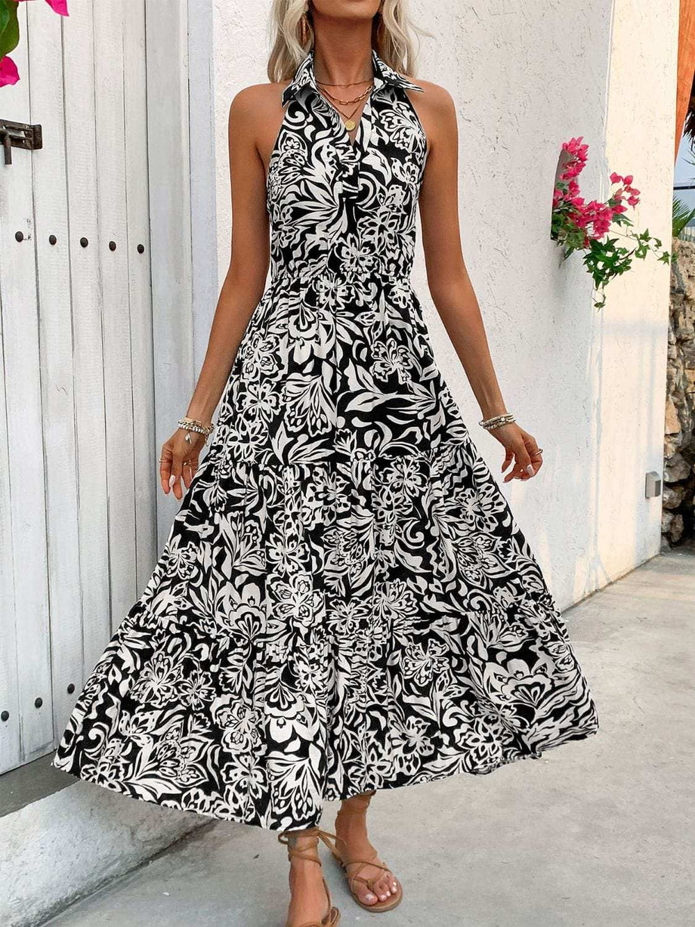 Backless Smocked Printed Sleeveless Midi Dress - Trendsi - Flyclothing LLC