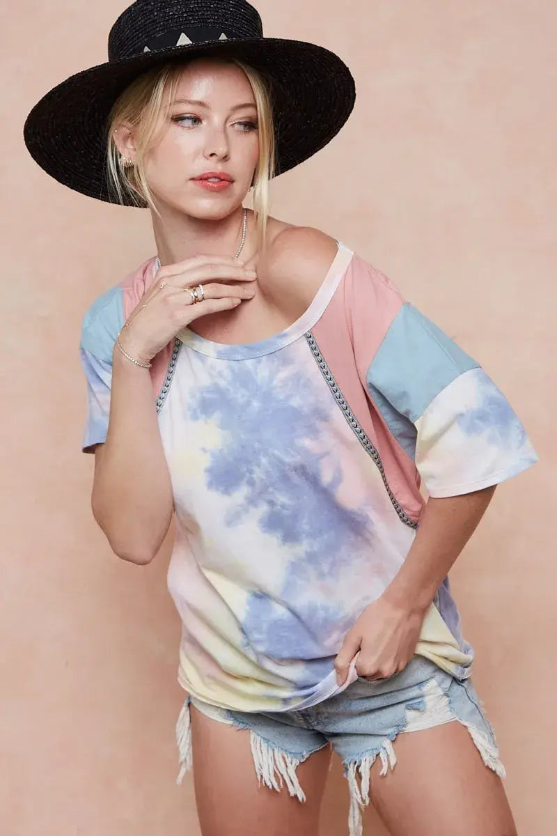 BiBi Tie Dye Printed Cotton Color Block T-Shirt - Trendsi - Flyclothing LLC