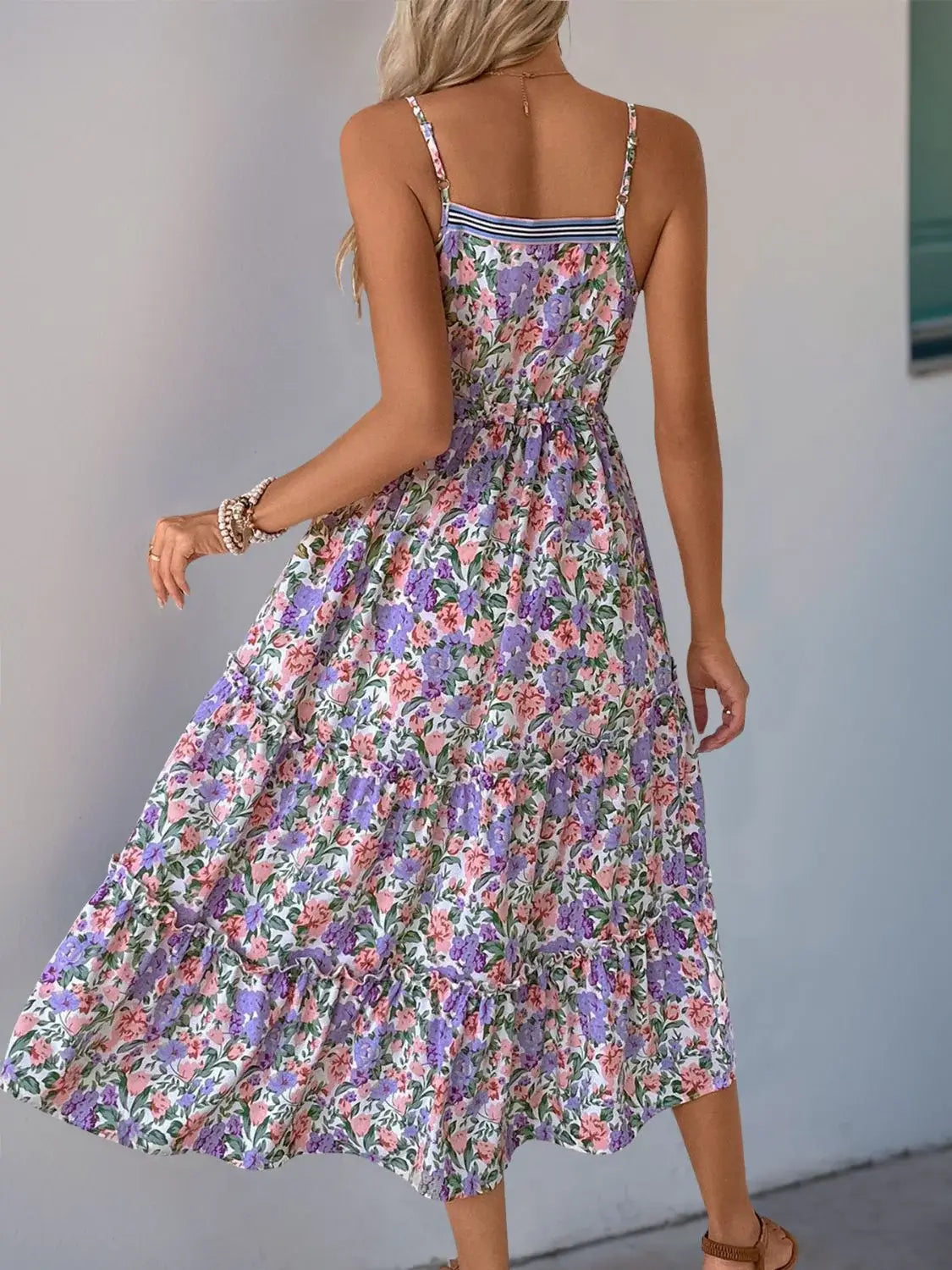 Perfee Decor Button Printed Sleeveless Tiered Midi Dress - Trendsi - Flyclothing LLC