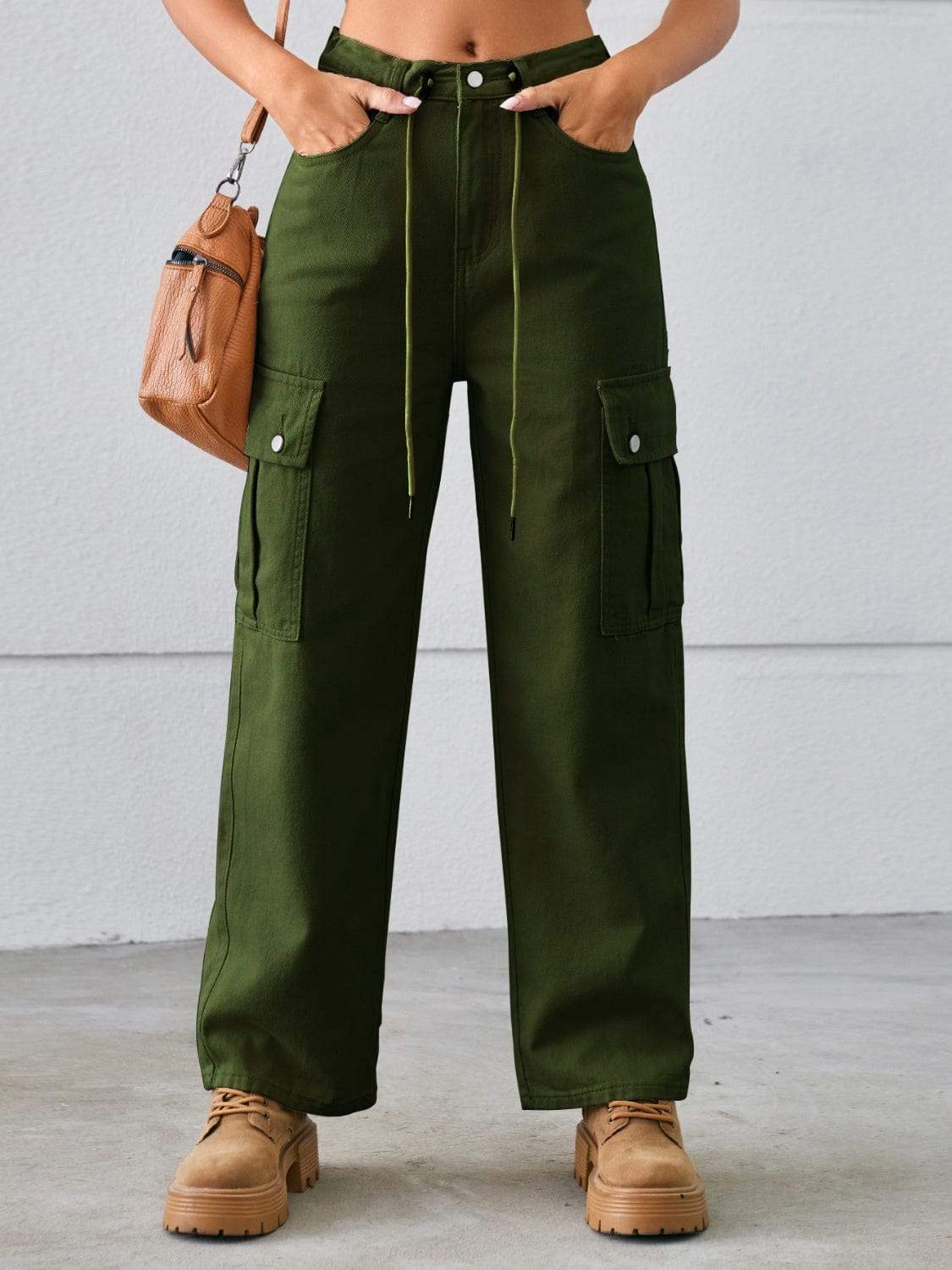Drawstring Mid-Rise Waist Straight Cargo Jeans - Trendsi - Flyclothing LLC