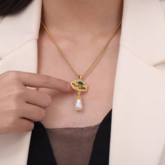 Freshwater Pearl Titanium Steel Geometric Necklace - Trendsi