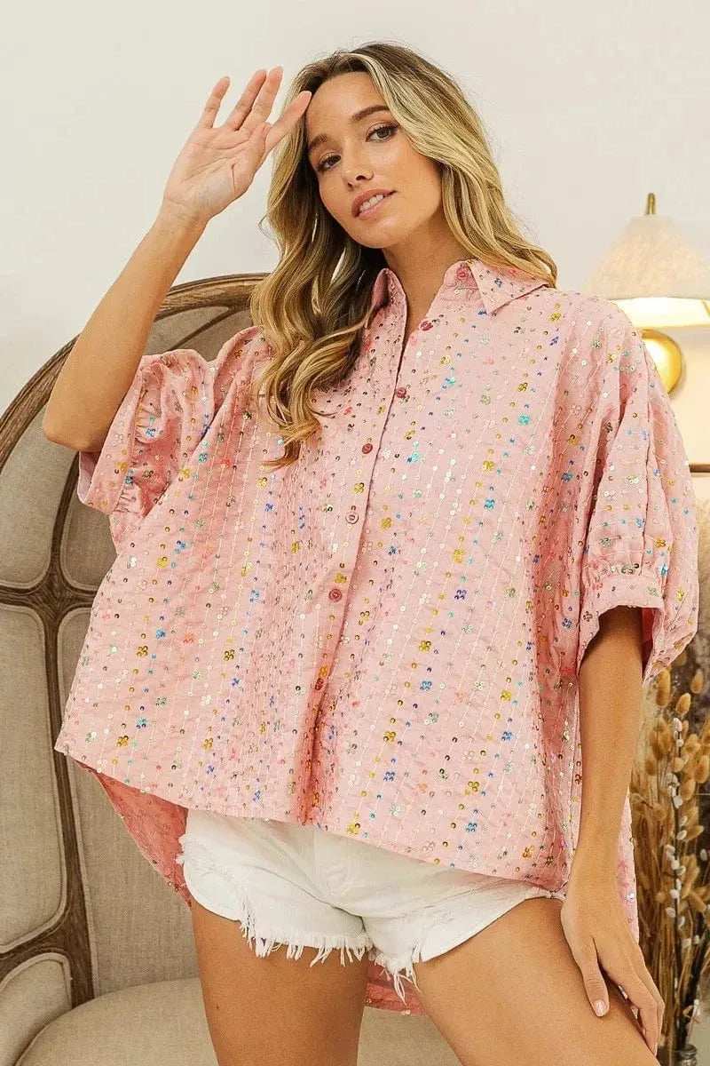 BiBi Sequin Striped Short Dolman Sleeve Blouse - Trendsi - Flyclothing LLC