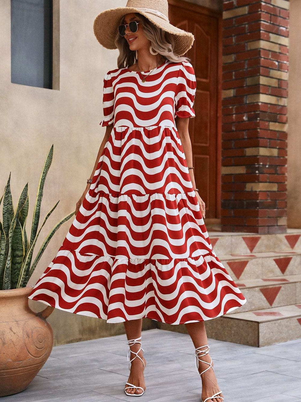 Wavy Striped Round Neck Short Sleeve Dress - Trendsi - Flyclothing LLC