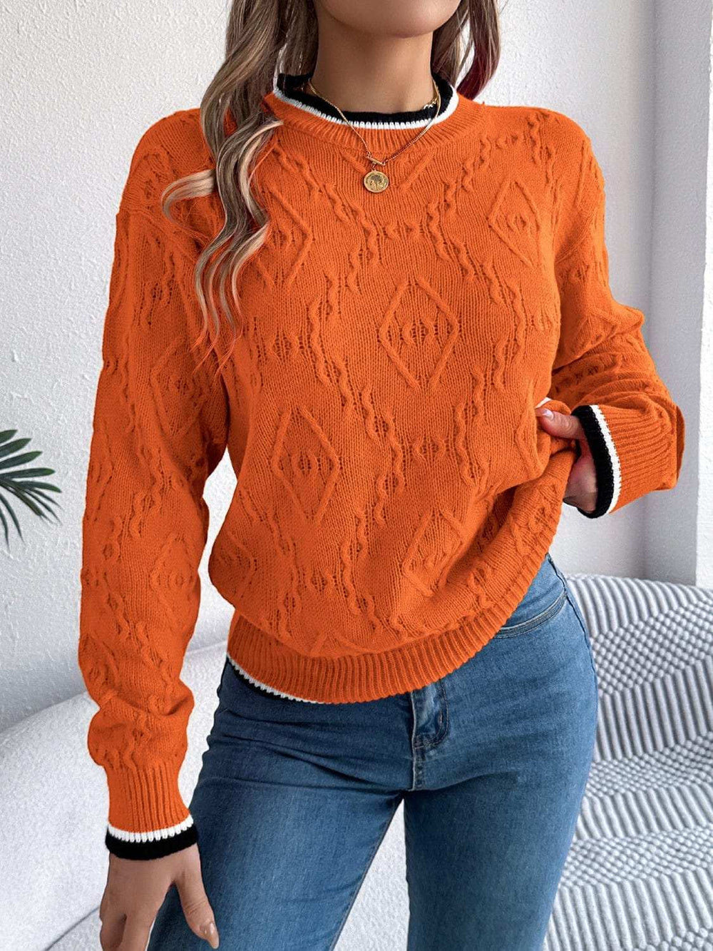 Contrast Trim Round Neck Long Sleeve Sweater - Trendsi - Flyclothing LLC