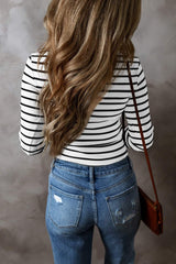 Striped V-Neck Long Sleeve Top - Trendsi - Flyclothing LLC