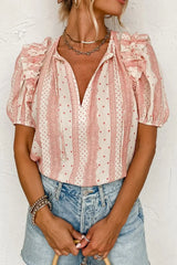 Frilled Short Puff Sleeve Mixed Print Blouse - Trendsi - Flyclothing LLC