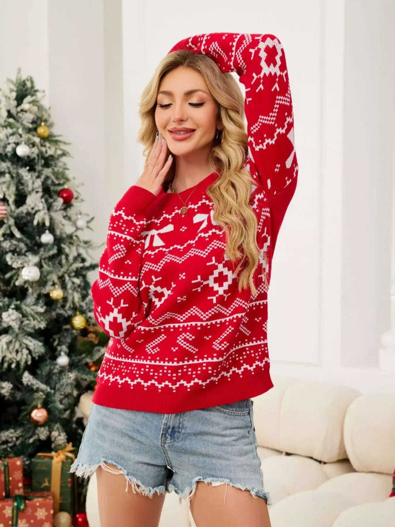 Christmas Bow Round Neck Sweater - Trendsi - Flyclothing LLC