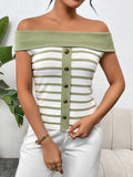 Decorative Button Striped Off-Shoulder Knit Top - Trendsi