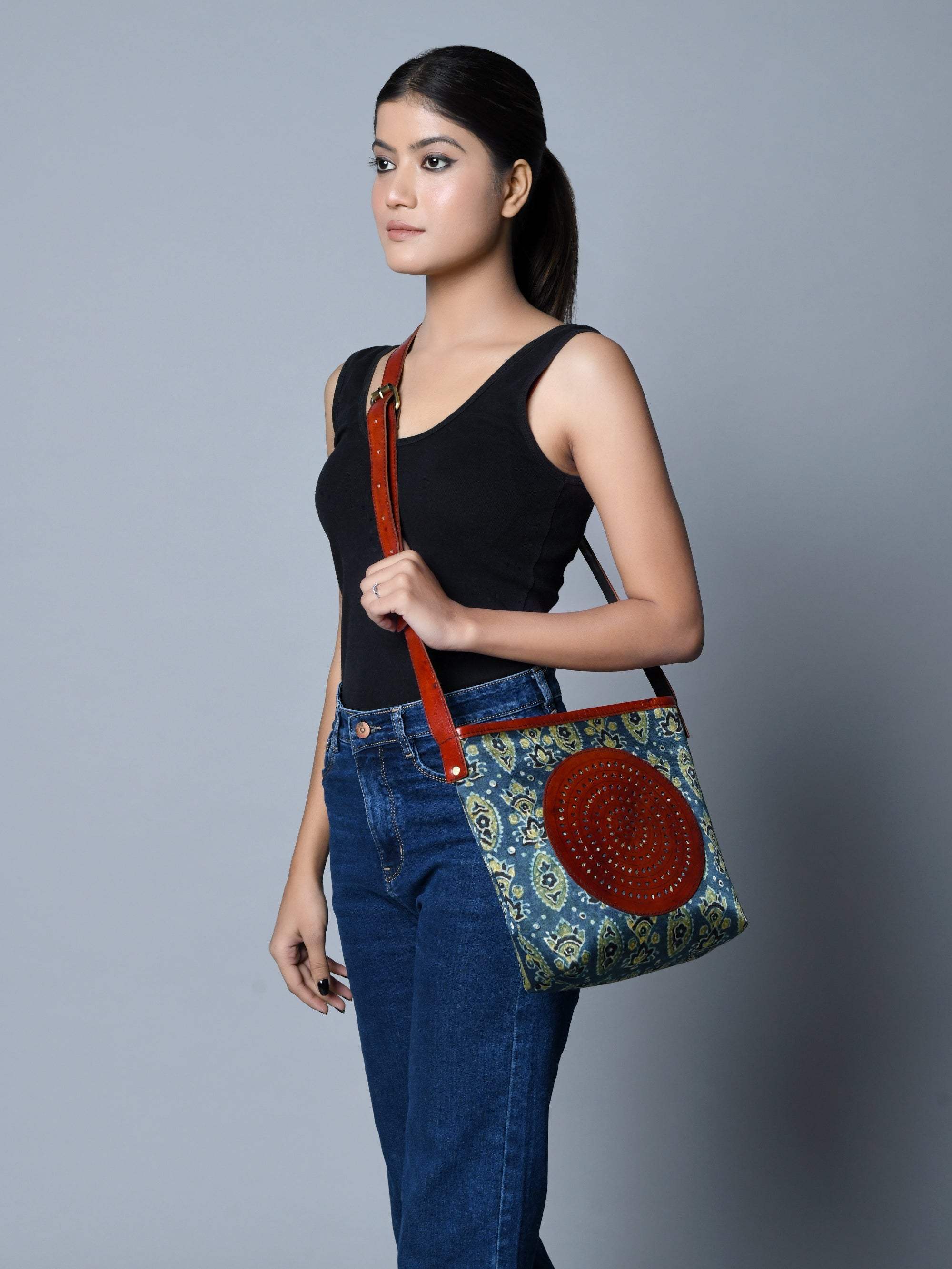 Neela Ajrakh Leather Tote Bag - Classy Leather Bags - Flyclothing LLC