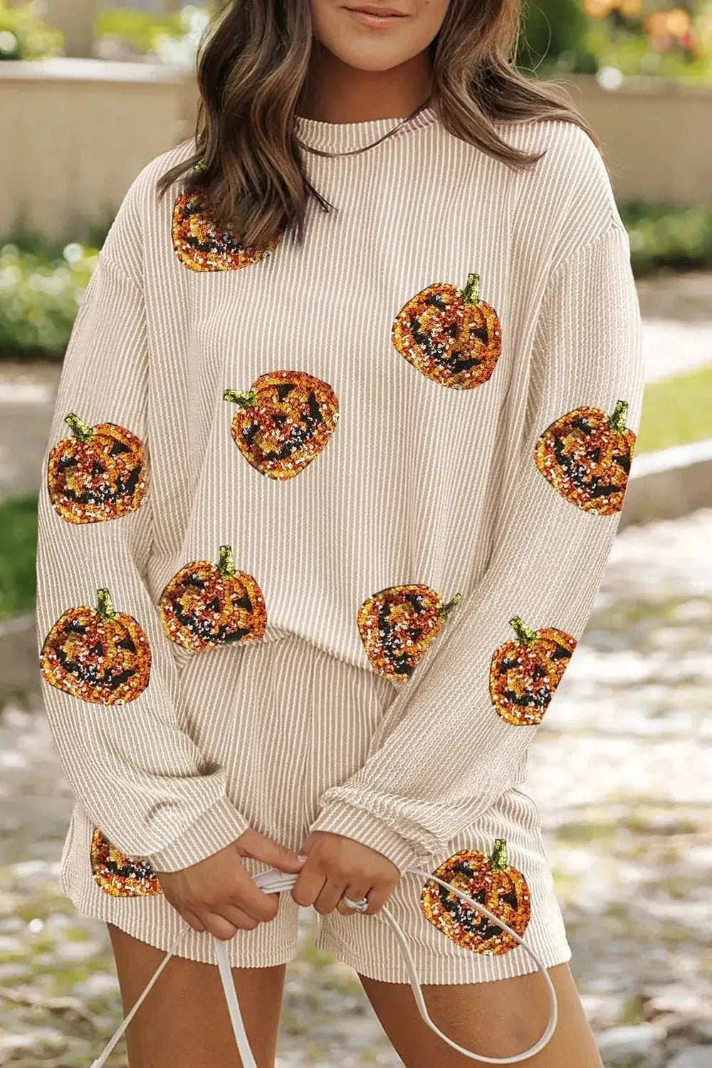 Sequin Pumpkin Round Neck Top and Shorts Set - Trendsi - Flyclothing LLC