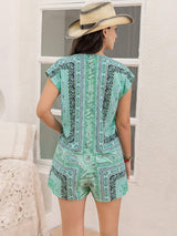 Printed V-Neck Cap Sleeve Romper - Trendsi - Flyclothing LLC