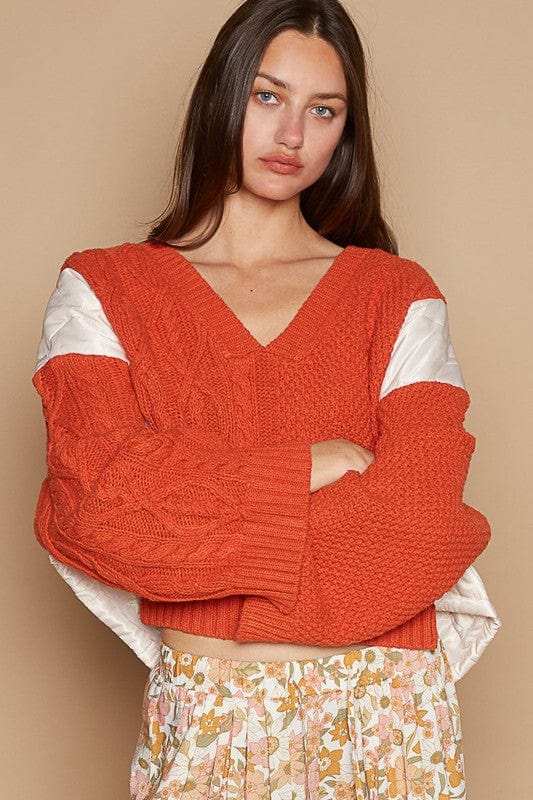POL Cable Knit Quilting Patch V-Neck Contrast Sweater - Trendsi - Flyclothing LLC