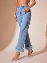 Plush Hem High Rise Straight Jeans - Trendsi - Flyclothing LLC