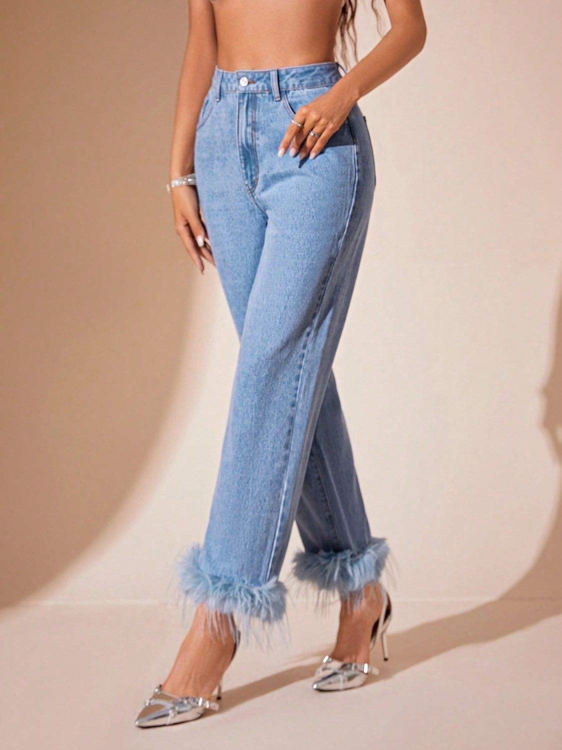 Plush Hem High Rise Straight Jeans - Trendsi - Flyclothing LLC