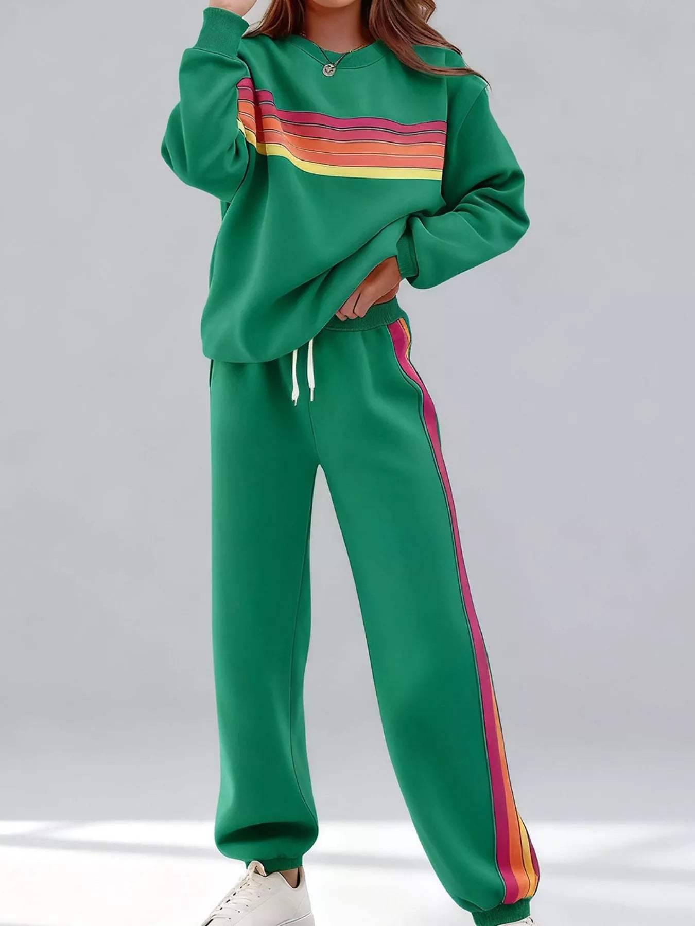 Striped Round Neck Sweatshirt and Pants Set - Trendsi - Flyclothing LLC