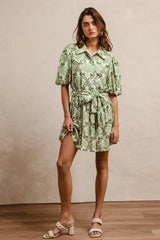 BiBi Tied Floral Short Sleeve Mini Shirt Dress - Trendsi - Flyclothing LLC