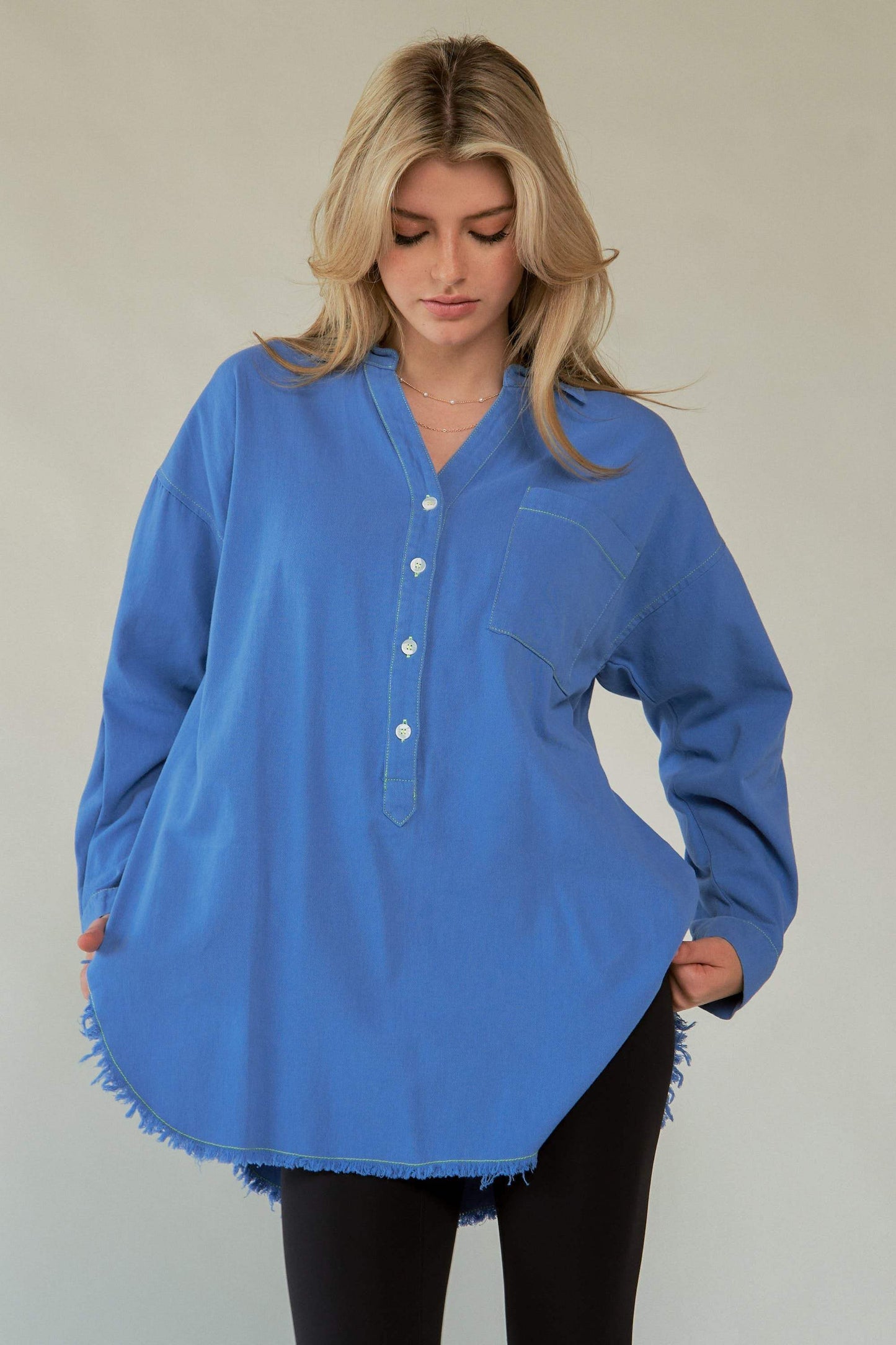 Davi & Dani Letter Back Raw Hem Half Button Shirt - Trendsi - Flyclothing LLC