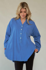 Davi & Dani Letter Back Raw Hem Half Button Shirt - Trendsi - Flyclothing LLC