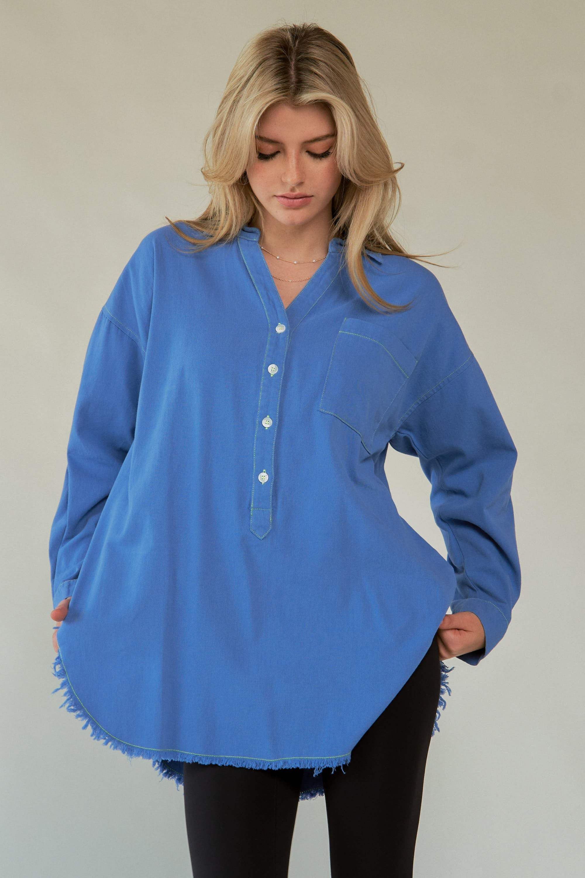 Davi & Dani Letter Back Raw Hem Half Button Shirt - Trendsi - Flyclothing LLC