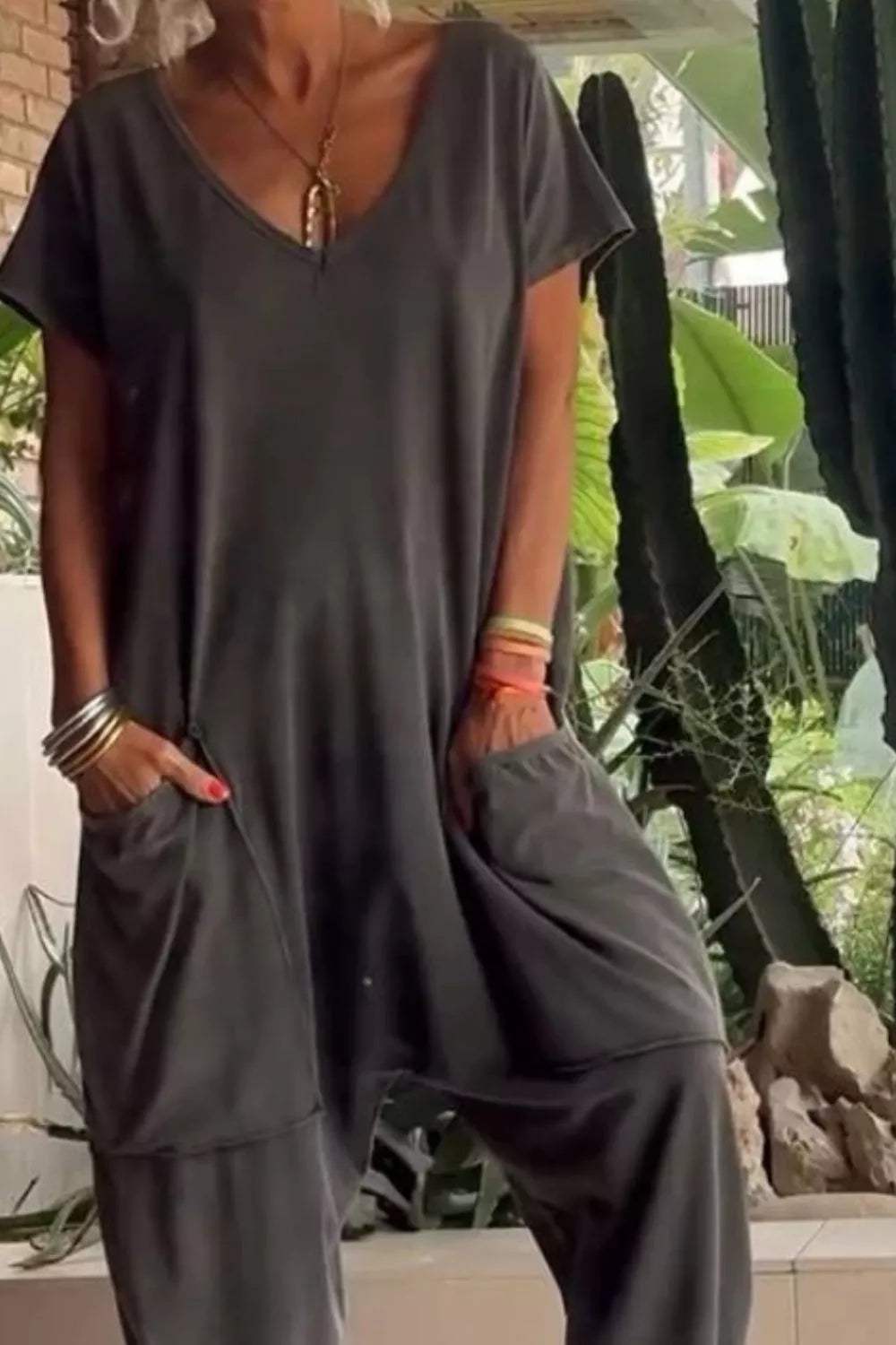 Full Size Casual V-Neck Short Sleeve Jumpsuit with Pockets Plus Size - Trendsi - Flyclothing LLC