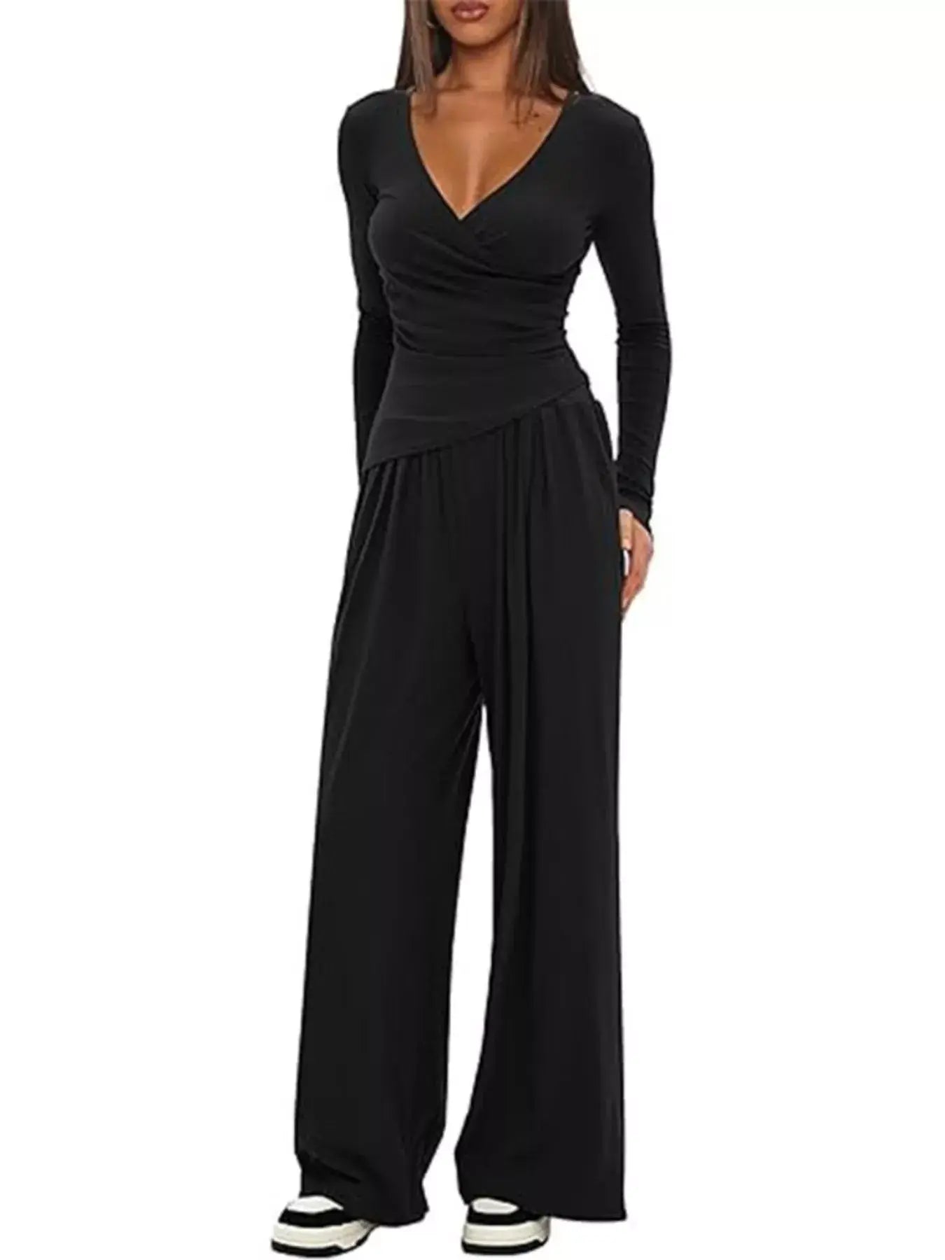 Casual Long Sleeve Top and Wide Leg Pants Set - Trendsi - Flyclothing LLC