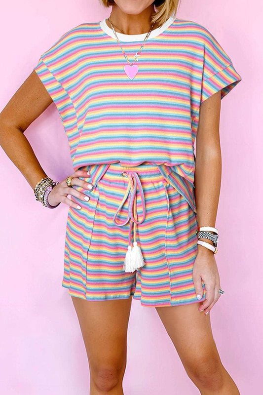 Striped Round Neck Top and Shorts Set - Trendsi - Flyclothing LLC