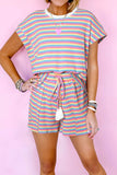 Striped Round Neck Top and Shorts Set - Trendsi